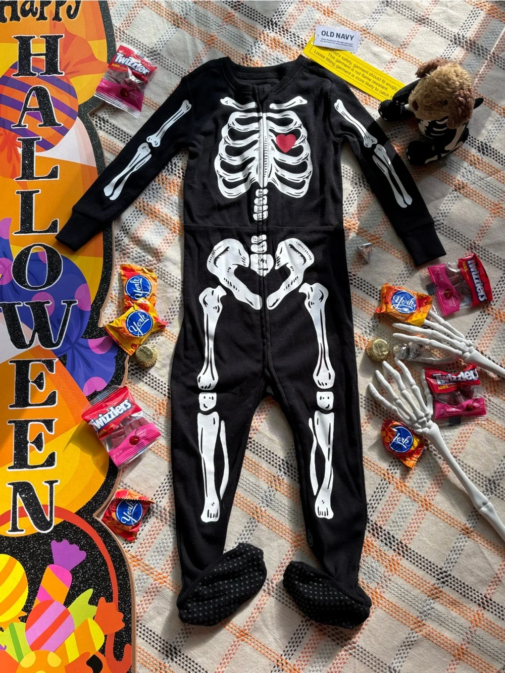 Black Skelton Snug-Fit Zip-Front Footed Pajama One-Piece For Toddler